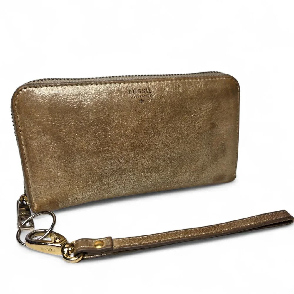 Fossil Distressed Leather Metallic Gold Clutch Wallet Zip Around Bi‎ Fold Shiny